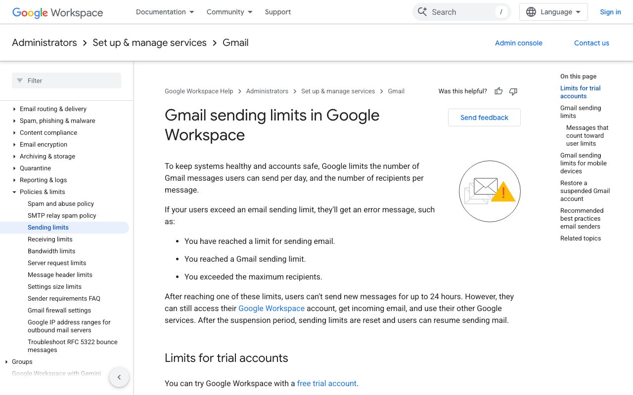 The Google Workspace help page on Gmail sending limits