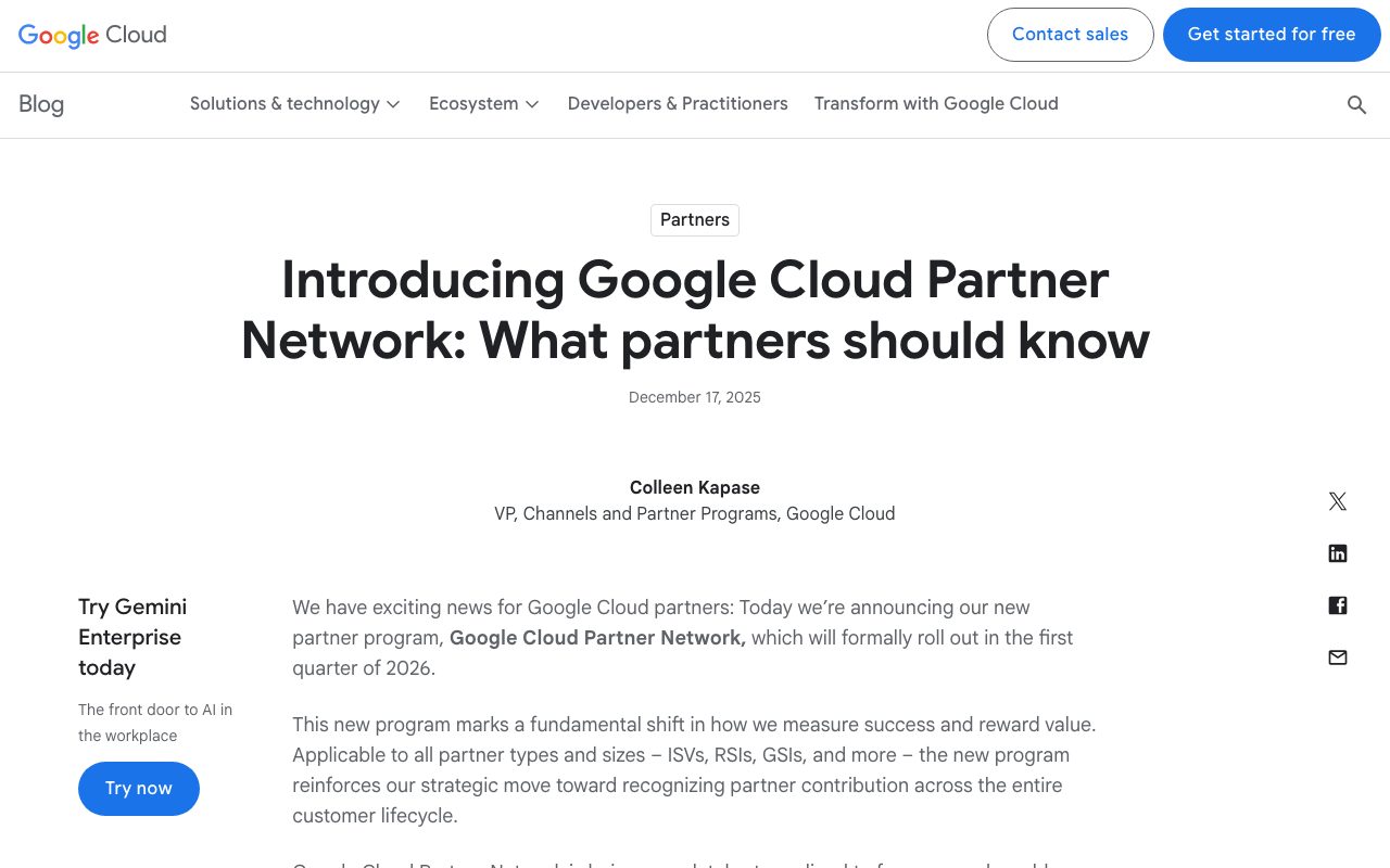 The Google Cloud post introducing Google Cloud Partner Network