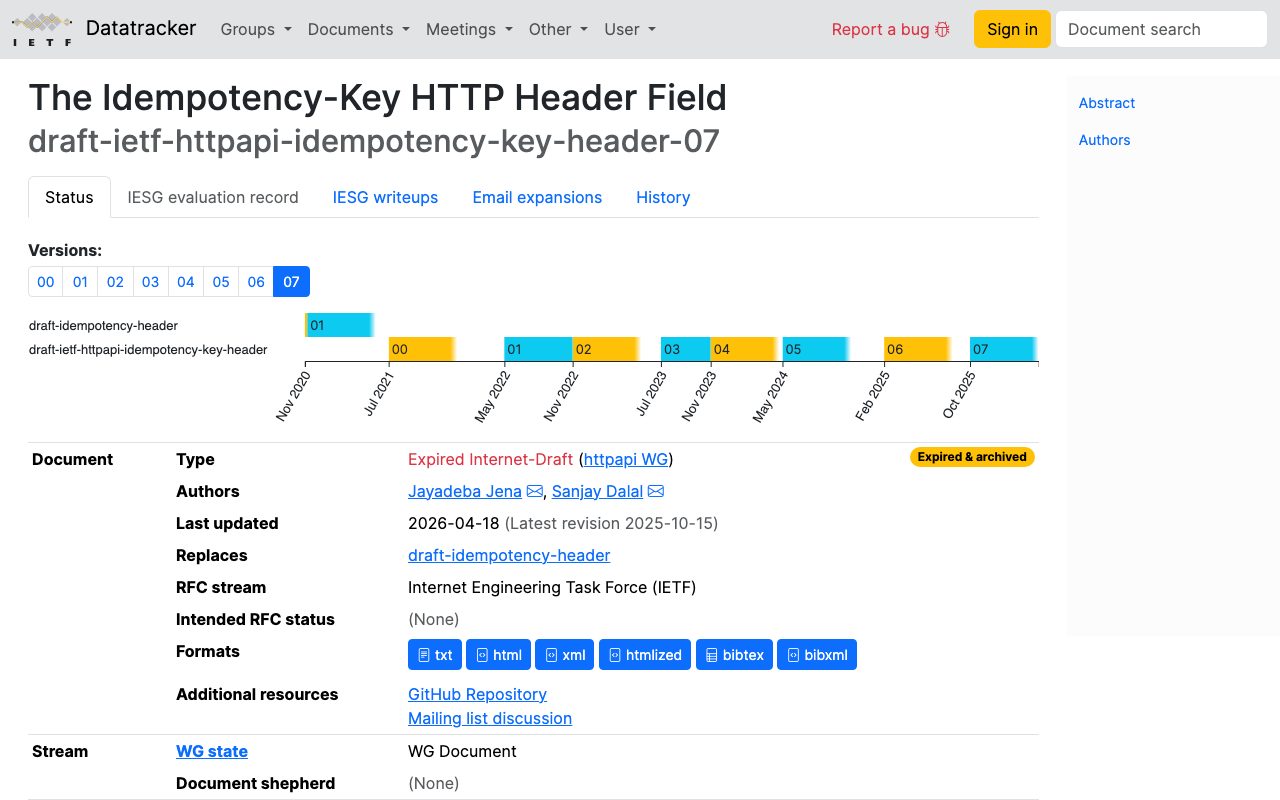 The IETF Datatracker page for the Idempotency-Key header draft