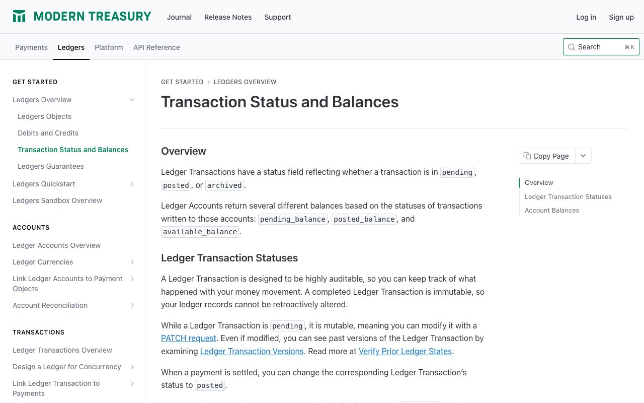 The Modern Treasury documentation on ledger transaction statuses