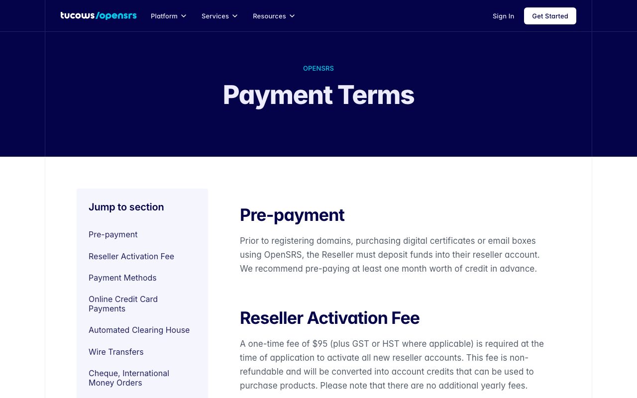 The OpenSRS payment terms page