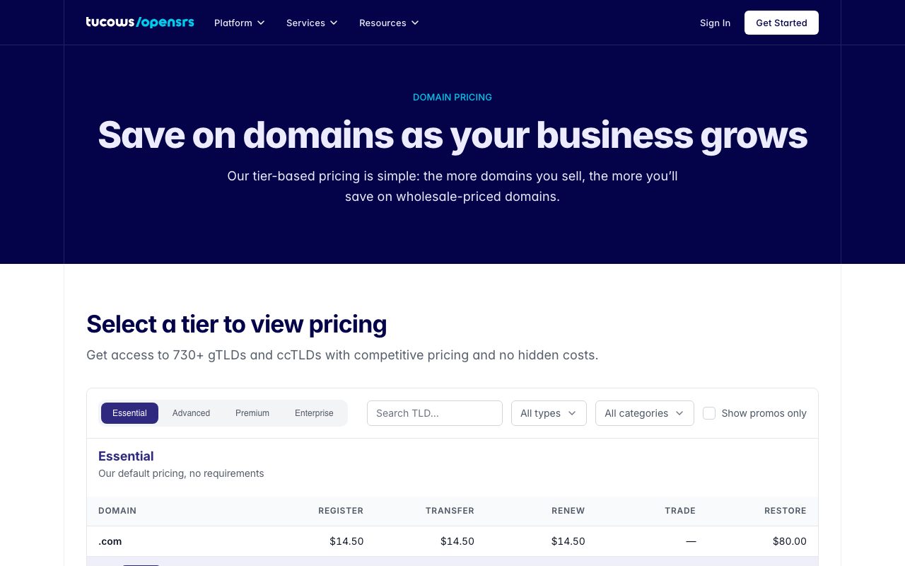 The OpenSRS domain pricing page