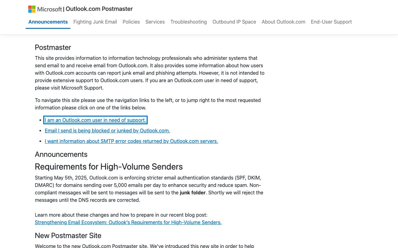 The Outlook.com Postmaster page