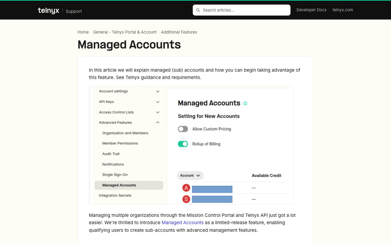 The Telnyx support article on managed accounts