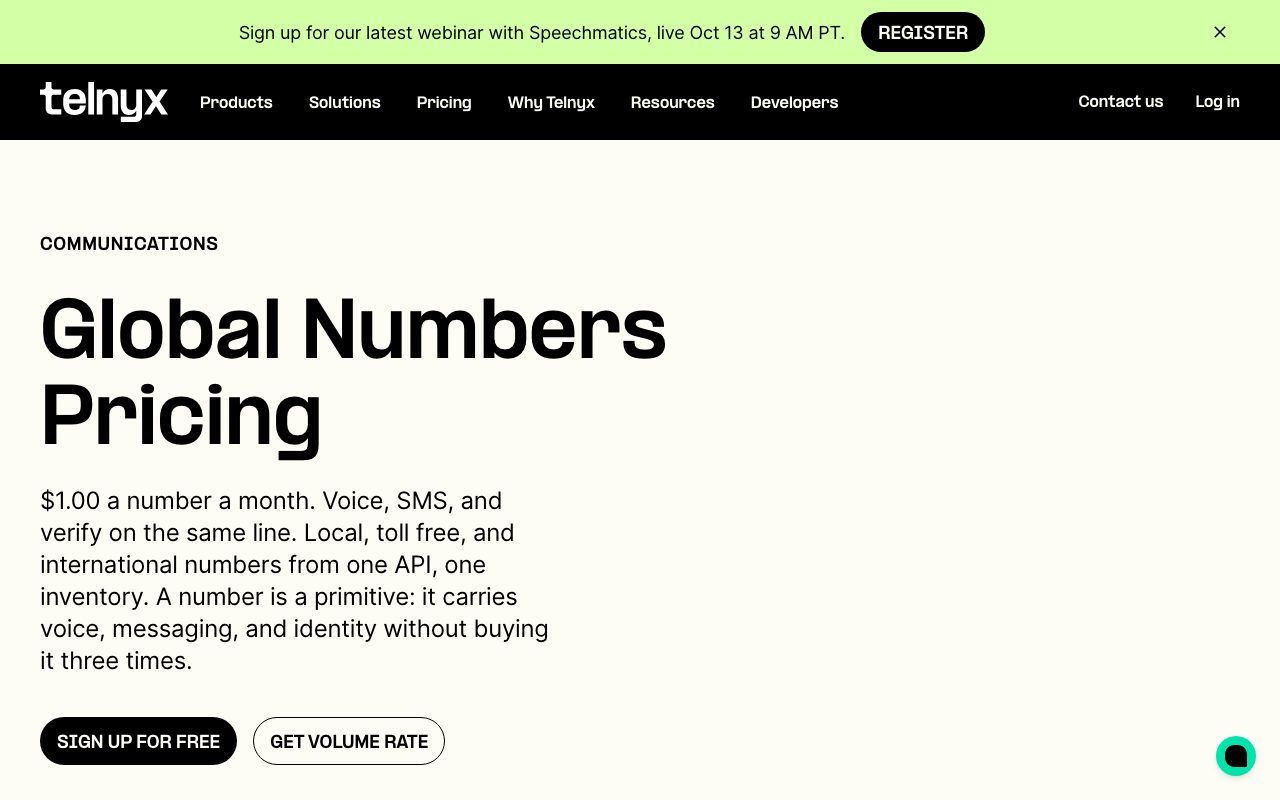 The Telnyx numbers pricing page